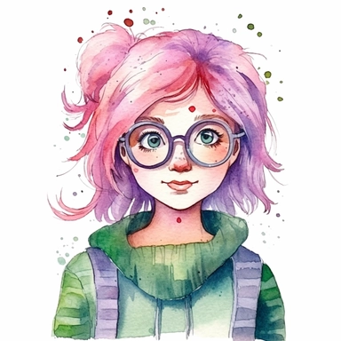 watercolour clipart of a girl with pink or purple hair , green eyes, with glasses, she is the catalyst for her group shared common dreams, binding the girls together. She is direct, occasionally sharp-tongued, and highly empathetic. With a heart full of compassion, she never hesitates to lend a helping hand to anyone in need. She`s dedication to their craft is unparalleled, make her smiling, exalted mood, white background, 8k, f1