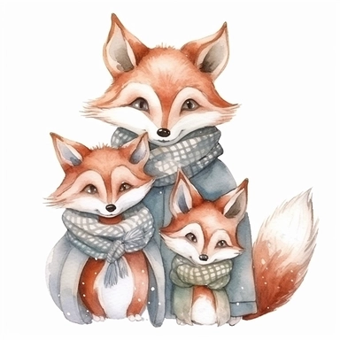 charming family of 4 fox, Christmas morning, festive decor and mood, ornamental watercolor, clipart
