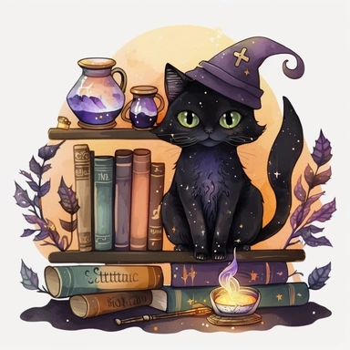 Watercolour cute black witches cat, wearing a witch hat, clipart. The cat is sitting on a bookshelf, surrounded by books and potions. Its fur is a mix of black and orange shades, and its eyes are looking directly at the viewer. The witch hat has a purple ribbon, and the cat is holding a feather quill in its paw. The bookshelf is in a dark, candlelit room, with cobwebs and a cauldron in the corner. The books have titles like The Art of Witchcraft and Magical Potions and Spells. The potions on the