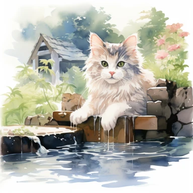 Domestic Shorthair cat happily soaking in the famous open-air hot spring in Niigata, Japan, Clipart Watercolor By Yuzo Komori. clean line, white background, spaced out