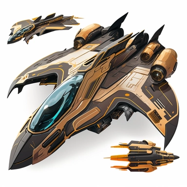 A combat spaceship, copper black and gold color palette, realistic, bold line, clipart, sticker, white background, no shadow, 8k detail