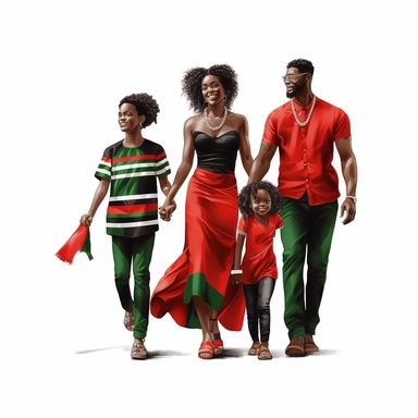 hd, clipart,happy, celebrating Juneteenth,full body, family, freedom,red,black and green, on white background