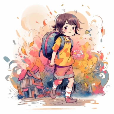 A detailed illustration of a Japanese kindergarten girl, going to school, wearing a cute backpack, style cartoon, colors, two-dimensional, planar vector, character design, T-shirt design, stickers, colorful splashes, and T-shirt design, Studio Ghibli style, soft tetrad color, vector art, fantasy art, watercolor effect, Alphonse Mucha, Adobe Illustrator, hand-painted, digital painting, low polygon, soft lighting, aerial view, isometric style, retro aesthetics, focusing on people, 8K resolution, u