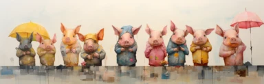 a row of cute miniature piglets, a collage of mixed media art made with tissue paper, magazine and newspaper clippings, oil paint, graphite pencil lines and fabric, in the style of playful surrealism, whimsical, washi tape