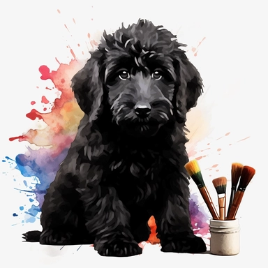 black labradoodle, goldendoodle, black doodle, puppy, watercolor clipart and paint, HD, 4k