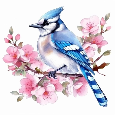 Blue Jay sits on a sakura branch on a white background, illustration in watercolor style, drawing done in professional glazing technique, expressive details, realistic drawing technique, saturated colors, harmony with nature, pronounced contours, clipart, a masterpiece, white background