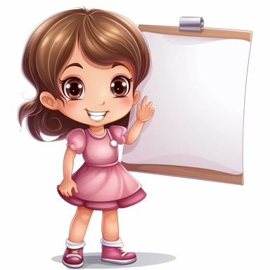 clipart of a brown haired cute little girl, wearing a pink dress and white shoes, holding up a blank sign
