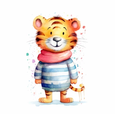 a colorful tigger with kind eyes clipart with watercolor illustration,full body shot,8k,etsy style, white background