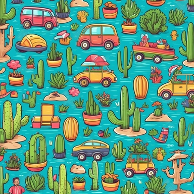 make a clip art seamless pattern of cactus' pineapples, the beach, a lake, wildflowers, watermelon, campers, sunshines, hd