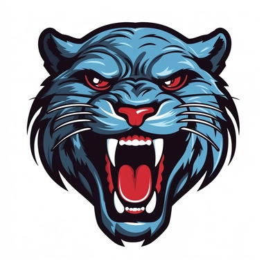 2d, flat, sports team logo style, clipart, front of face, panther, black with teeth, white background, no highlights, not a tiger. red tongue, white teeth, blue fur