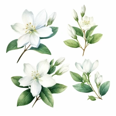 set of watercolor Jasmine Flower clipart white background
