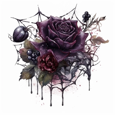 Idyllic watercolor and ink clipart of dark gothic dark moody dark moody burgundy, black and purple rose flowers with poison thorns on an ornate gothic black dagger covered in gothic spider webs, isolated on a white background, dark moody colors, highly detailed, ultra-realistic