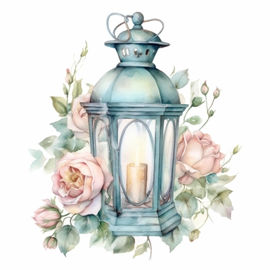 Watercolor old style antique pale green lantern, PNG clipart, Magic garden, Fairy tale lantern with pastel colours english roses, super cute