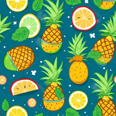 tropical, cartoon, fruits, pineapple, lemon, melon, clipart, cute
