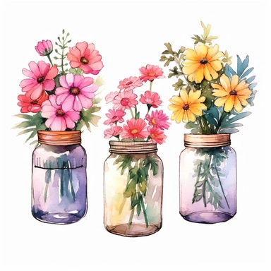 3 different types flower bouqet in a jar, can't believe how beautiful it is, watercolor clipart, in the style of 2d game art, nostalgic painting, 32k uhd, colorful dreamy watercolor scene, adventure pulp, classical, historical genre scene, rough-edged 2d animation, white background