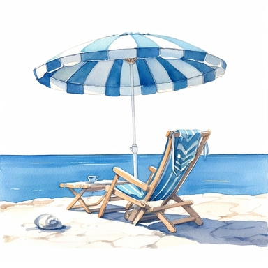 watercolor, hyper realistic, white background, white margins, 16k, ultra detailed clipart, cut out image, hand-drawn, whimsical manhwa style, ultra HD, sharp and clean art a sun lounging chair and umbrella on a pristine white sandy beach, overlooking the turquoise sea. Color Scheme: Shades of blue and white, inspired by the iconic colors of Santorini's architecture and the Aegean Sea.