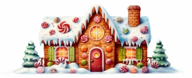 Realistic colorful gingerbread house, realistic, colorful, beautiful, vivid color, christmas, snow soil, hyperrealistic, white background, style by Lucy Fleming, watercolor, smooth gradients, black contour outline, ultra detailed, clipart elements, delicate pastel colors, solid white background, super clear, high quality