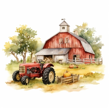 Make a clipart of a watercolor painting of a farm with barn animals and a tractor. no background