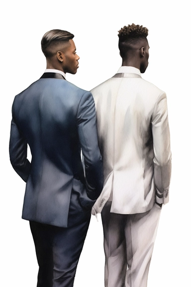 a dark-skinned groom and dark-skinned best man from the back view, in the style of realistic portrait drawings, subtle color variations, algeapunk, transparent/translucent medium, light navy black and white colors, watercolor storybook illustration, rustic style, hd clipart, on white background, spaced out