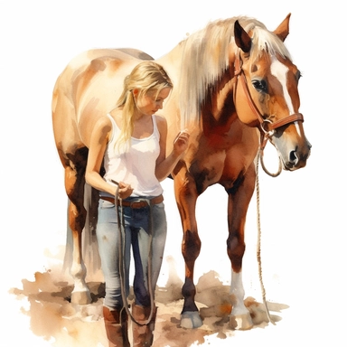 realistic watercolor drawing of a farmer girl brushing a horse on a charming California farm, on a white background where the background will be removed to repurpose as a clipart.