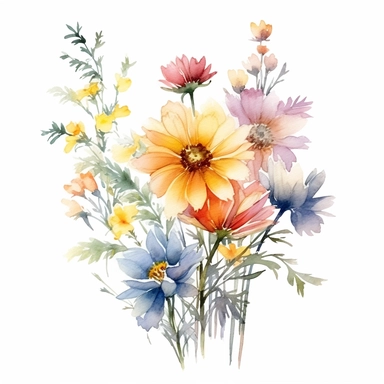 watercolor summer flower group for corner of invitation, clipart isolated on clear white background, soft colors, boho, lithograph, 32k uhd, textural