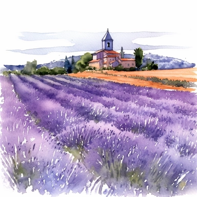 a France Lavender fields in the style of watercolour clipart with detailed brush strokes