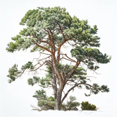 watercolor clipart of Scots pine tree, white background, white vines, 4k, octane render, detailed, hyper-realistic, cinematic, photography by Joel Meyerowitz, Roger deakins, Slim Aarons, Craig Mullens, artstation