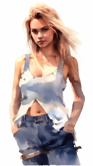 watercolor stylized clipart of a gorgeous unshaved french woman bombshell with very hairy armpits, wearing a white croptop and denim shorts, posing, epic light, chaotic,