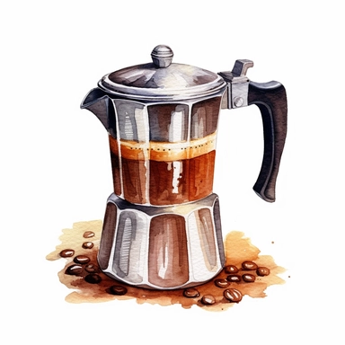 watercolor painting of moka coffee, very detailed, Clipart ,Cartoon,hyper realistic, intricate detail, illustration style,high solution,on the white background