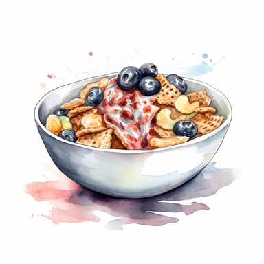 Outlined watercolor illustration, bowl of cereal, clipart, white background with margins, 8k