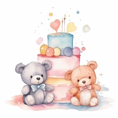 birthday cake kids cute adorable baby teddy bears watercolor illustration clipart, soft colors on white background