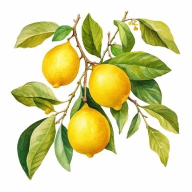 Watercolor clipart vibrant big branch with lush green leaves , The watercolor medium beautifully captures the essence of lemons, with their bright yellow hues blending seamlessly into subtle gradients, creating a sense of depth and texture. The delicate brushstrokes bring out the natural curves and contours of the lemons, while the leaves add a touch of organic elegance to the composition. These watercolor lemons with leaves are perfect for adding a splash of zest and vibrancy to your creative p