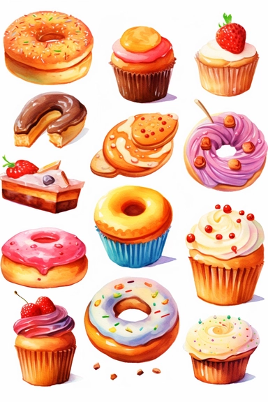 sweets, pies, cakes and doughnuts cartoon style, cute cartoon food lot. Pixar childrens book cartoon style, detailed, modern, urban, watercolor, full color, flat color, white background, children book illustration. Watercolor clipart. Pixar animation