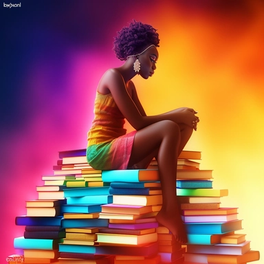 imagination, Clipart illustration of afro cosmepolitian woman sitting on top of books, realistic in the style of nene thomas, 100k background, Abstract, Colorful, beautifully color - coded, beautifully color graded, Unreal Engine, Cinematic, Color Grading, Editorial Photography, Photography, Photoshoot, Shot on 70mm lense, Depth of Field, DOF, Tilt Blur, Shutter Speed 1/ 1000, F/ 22, White Balance, 32k, Super - Resolution, Megapixel, ProPhoto RGB, VR, Lonely, Good, Massive, Halfrear Lighting, Ba