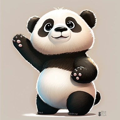 little panda character, drawn panda, panda clipart, looking up and pointing up, pointing, looking up, children's book illustration style, simple, cute, young panda, happy, full colour, flat colour, no background,no titles