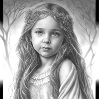 boho little girl, princess aurora, portrait, pose, very detailed and realistic, greyscale, clear image, withe background, clipart style