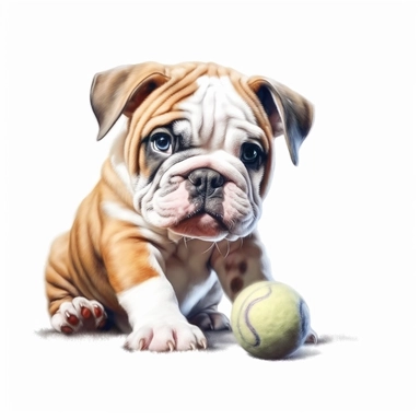 clipart of realistic bulldog puppy, full body, playing with a toy, white background