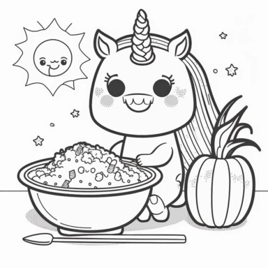 cute clipart cartoon of an happy unicorn What a belly with a plate of vegetables at home at home coloring book cartoon style vector lines black and white with no background--v4