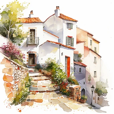 beautiful watercolor clipart of white houses on a cobbled street in a French hillside village near the Mediterranean sea, warm summer hues, compositions on an isolated white background. Bright landscapes illustrations, highly detailed