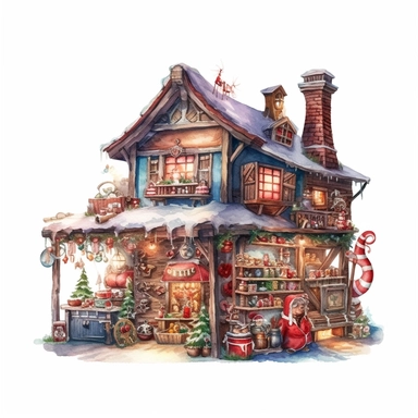watercolor style, Santa's workshop: A depiction of Santa's magical workshop, bustling with elves, toys, and gift preparations. Clipart, isolated on white background, 4K