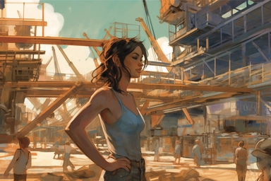 Subject: A determined woman, named Alex, is depicted engaging in a traditionally male-dominated profession as a construction site manager. Setting: The image portrays an active construction site with various heavy machinery, scaffolding, and unfinished structures. The scene is outdoors, with a partially completed building in the background, suggesting ongoing construction activities. The location can be a bustling urban environment, reflecting the dynamic nature of the job. Lighting: The image i