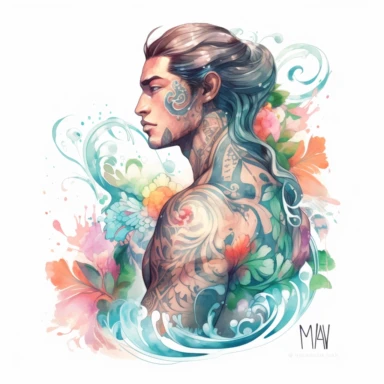watercolor Maui in his human form, muscular, tattoos, ocean waves, clipart, white background, by Pixar, by Kawacy