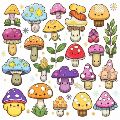 Create a Kawaii-inspired clipart set that celebrates the magic of nature. Design adorable critters like smiling mushrooms, happy clouds, and cuddly flowers. Let the elements be full of life and joy, with vibrant colors and soft, rounded shapes. Add tiny details like rosy cheeks, shiny eyes, and little bows to bring your Kawaii characters to life. Your clipart will transport viewers to a world of cuteness and wonder. Kawaii. White background, soft lighting.