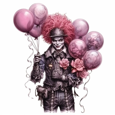 pink watercolor steampunk clown holding bunch of balloons, clipart, metallic, gears, iron pink gray black, 32k. highly detailed
