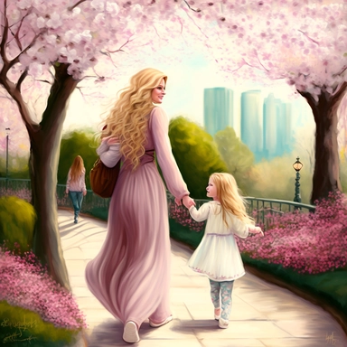beautiful young pregnant mother with long beautiful blonde hair and toddler daughter with beautiful ong auburn hair holding hands walking in park, flowering trees, path lined with benches, highly detailed, realistic, fantasy, ethereal, soft colors, sharp focus, clipart style , Tranquil Finesse. Refinement and allure in every glance, Hair that cascades like a waterfall, Turquoise and pink tints in symphony, Purple blossoms and fresh vibe enthral.