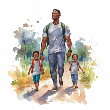 watercolor clipart of black man on walk with his kids smile at each other