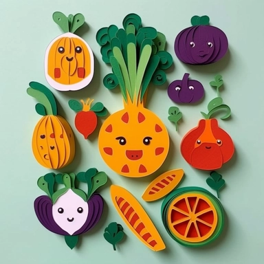 cute veggie clipart for kids, fruit and vegetables, in the style of satoshi kon, intricate cut-outs, paper cut-outs