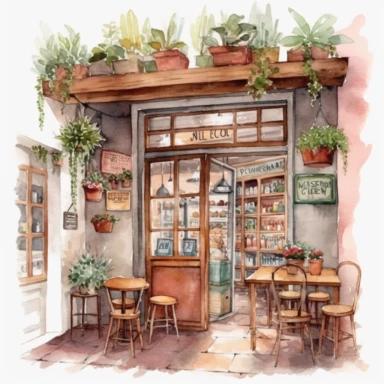 Italian vintage shop clipart, Watercolor, detailed, interior design, Italian cafe interior clipart, Italian cafe illustration, white background, no caption, no text