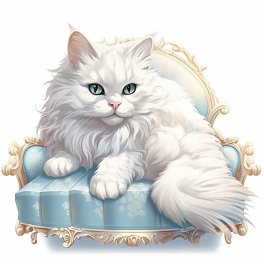 make a clipart of beautiful fairytale fluffy white victorian cat laying on a bright pastel blue pillow, white background