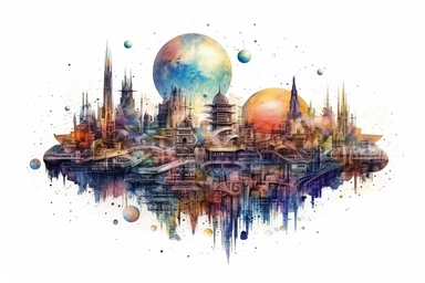 Watercolor, Imagine a planet with a cityscape made entirely of ethereal, floating platforms clipart, hd, on a white background, spaced out